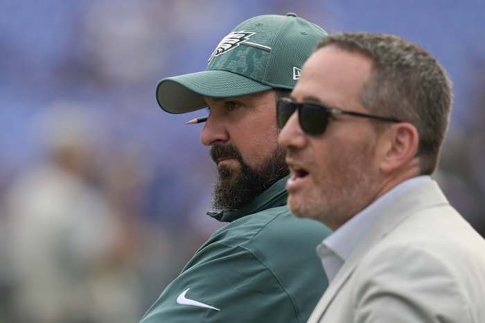 Matt Patricia with general manager Howie Roseman